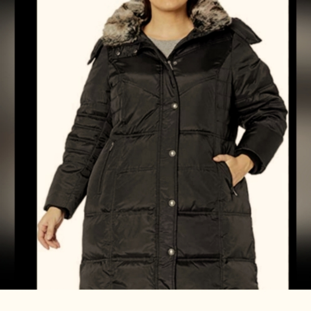 NWT London Fog Quilted Down Faux Fur Button And Zip Up Long Down Jacket